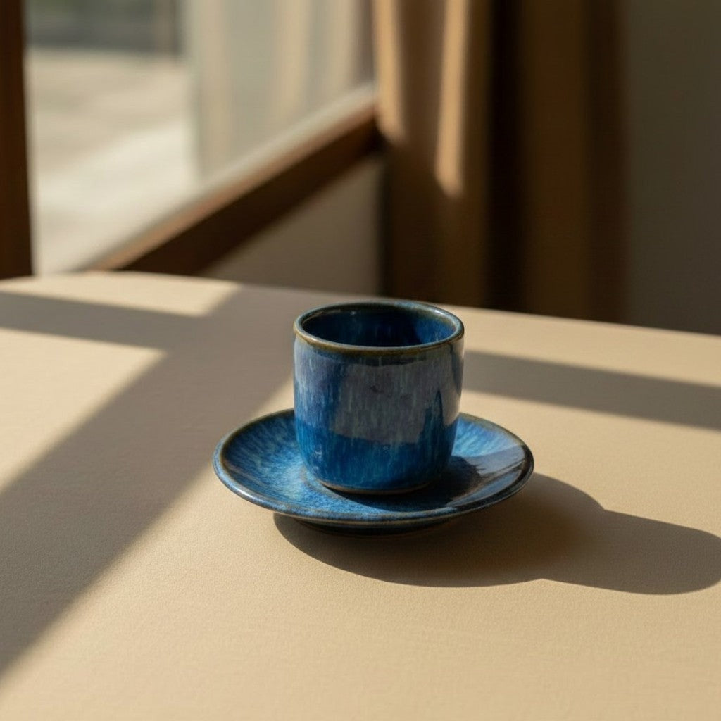 Eternal Pottery artisan ceramic espresso cup and saucer set in deep  blue with glossy finish.
