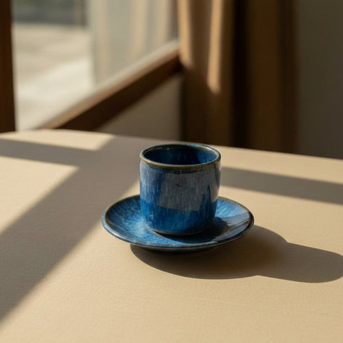 Eternal Pottery artisan ceramic espresso cup and saucer set in deep  blue with glossy finish.