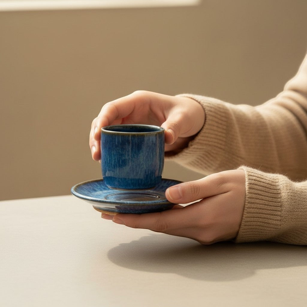 Eternal Pottery artisan ceramic espresso cup and saucer set in deep  blue with glossy finish.