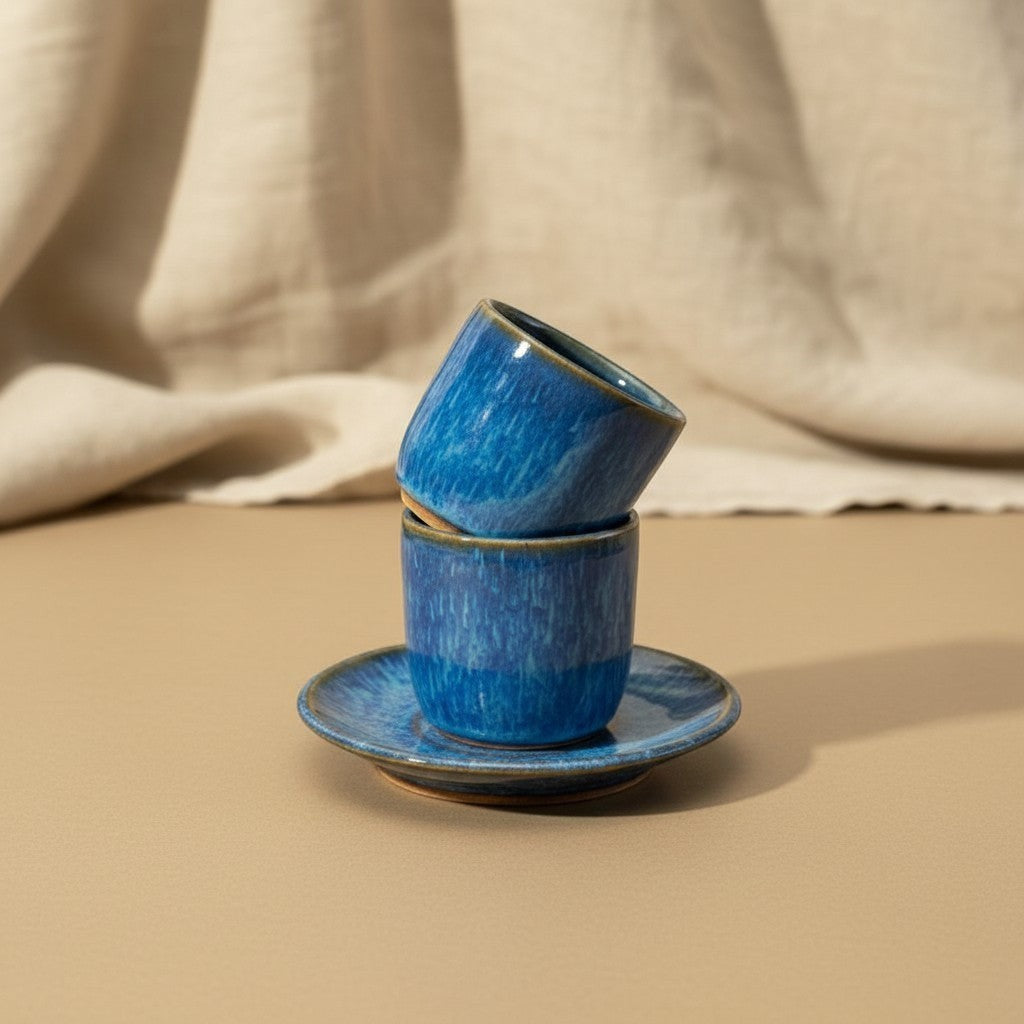 Eternal Pottery artisan ceramic espresso cup and saucer set in deep  blue with glossy finish.