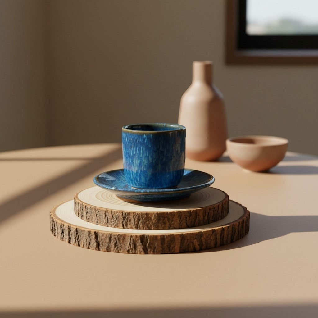 Eternal Pottery artisan ceramic espresso cup and saucer set in deep  blue with glossy finish.