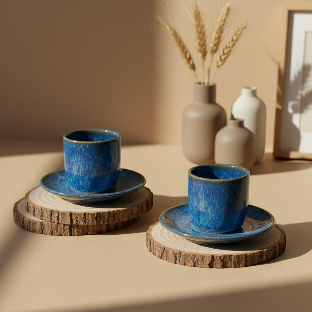 Eternal Pottery artisan ceramic espresso cup and saucer set in deep  blue with glossy finish.