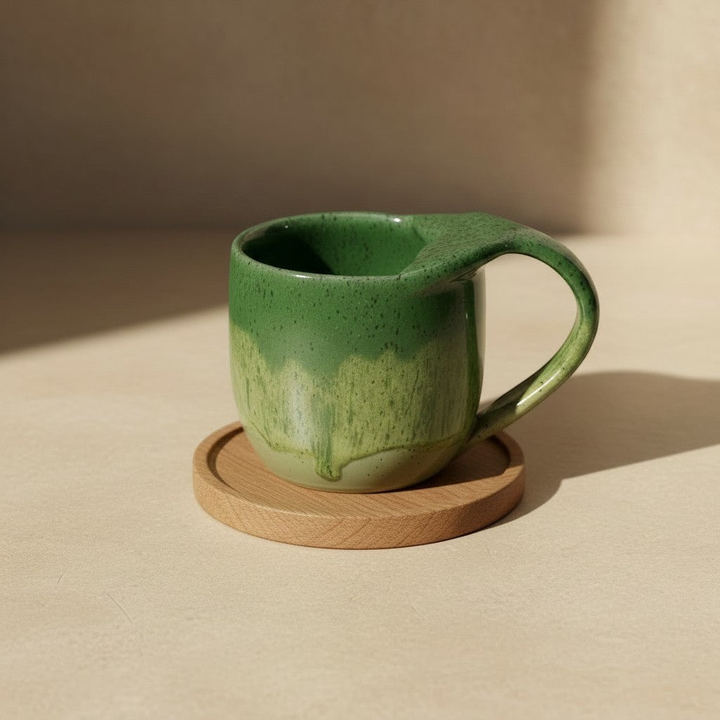 Eternal Pottery textured green tide mermaid mug with handle on a wooden coaster.
