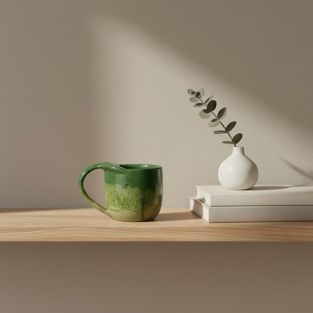 Eternal Pottery textured green tide mermaid mug with handle on a wooden shelf.