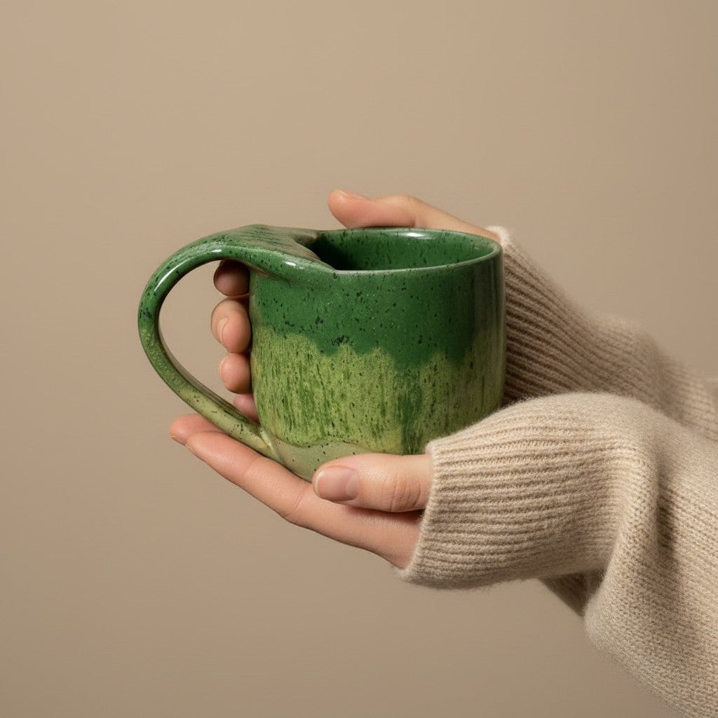 Eternal Pottery textured green tide mermaid mug with handle, held in hands.