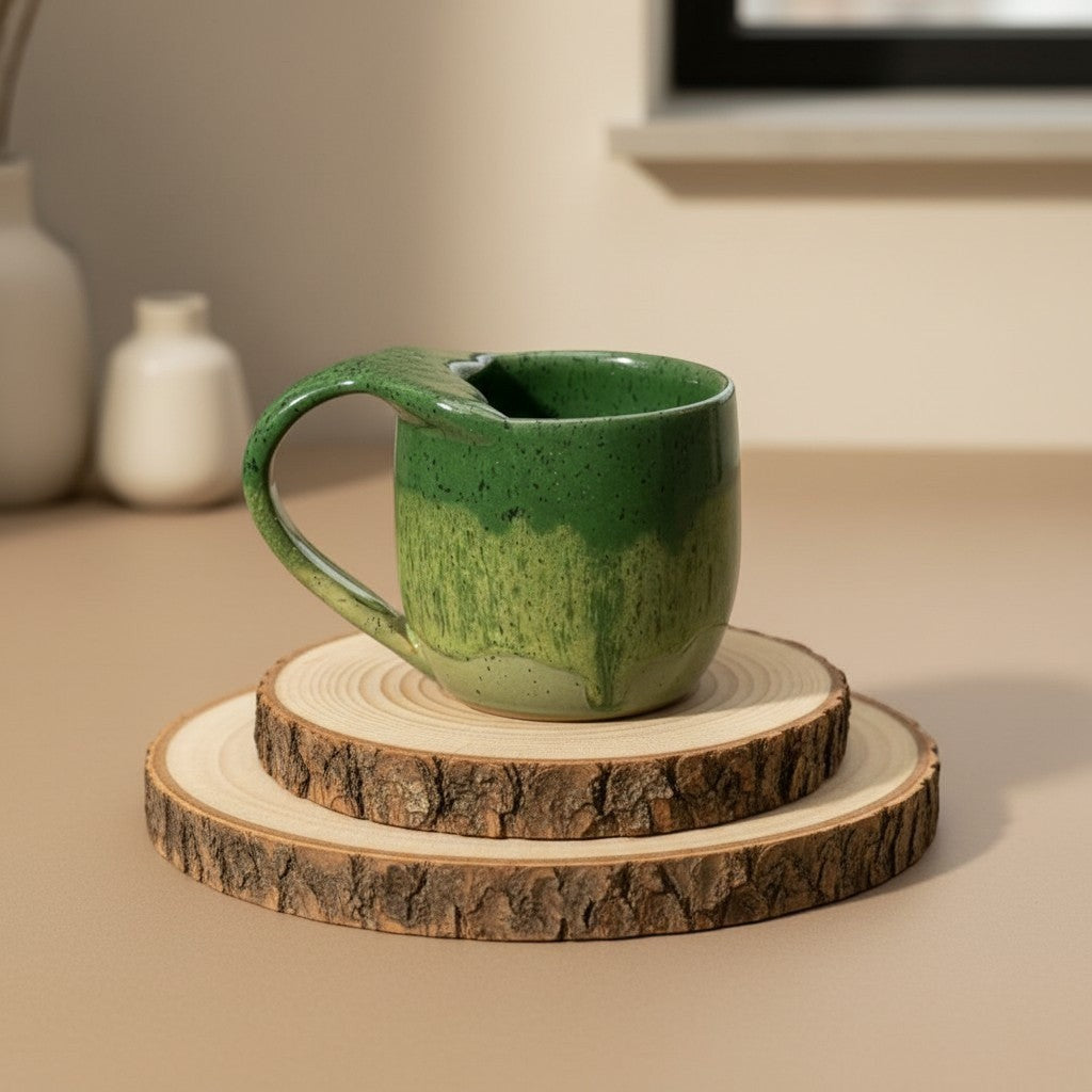 Eternal Pottery textured green tide mermaid mug with handle, rustic glaze, perfect for coffee or tea resting on double-layered wooden coaster.