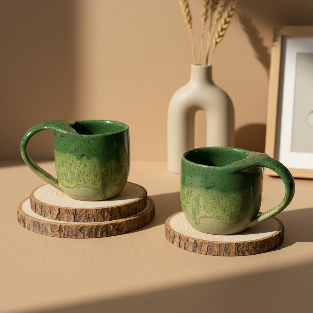Two textured green tide mermaid mugs with handles resting on wooden coasters, rustic design. Eternal Pottery.