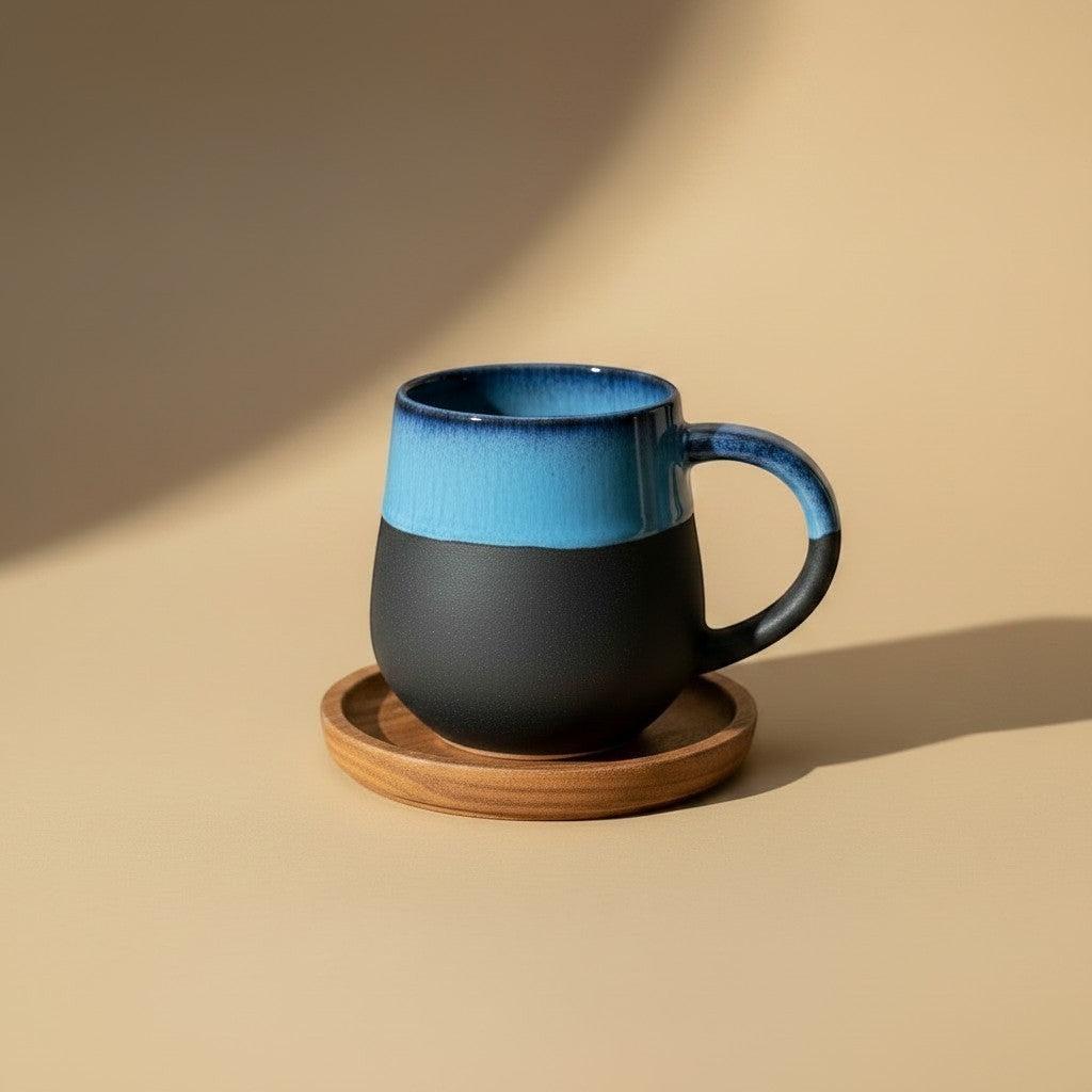Eternal Pottery midnight round mug with glossy blue glaze fading to matte black on wooden coaster.