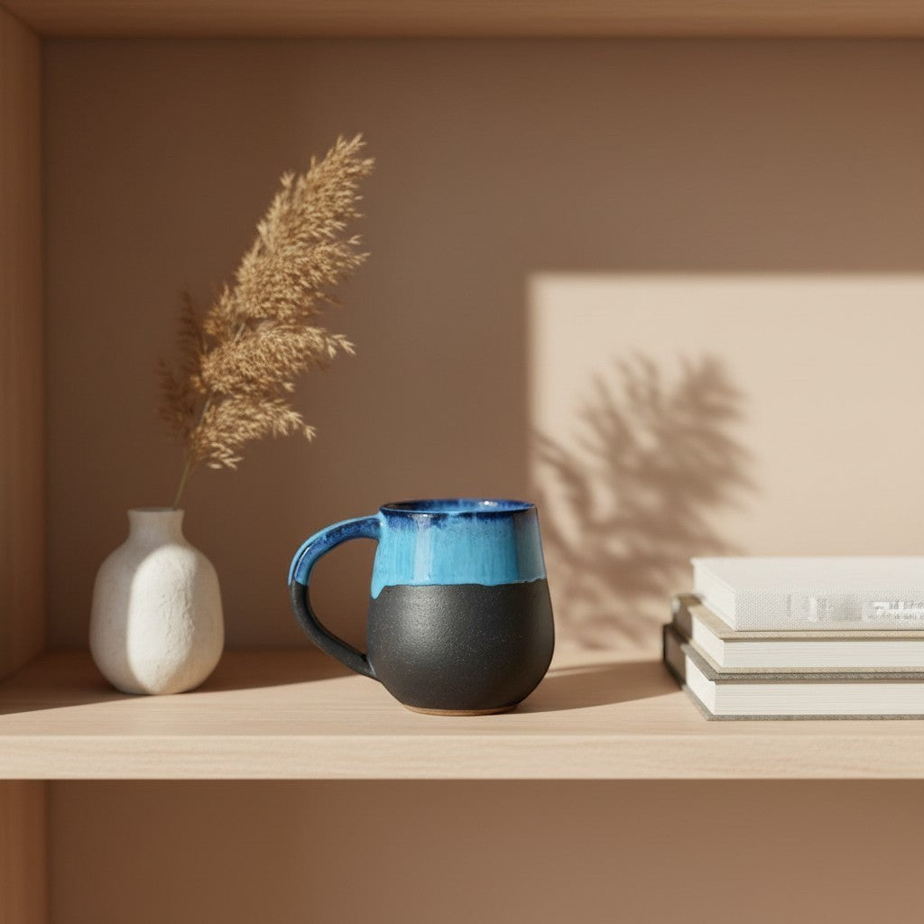 Eternal Pottery midnight round mug with glossy blue glaze fading to matte black on wooden shelf.