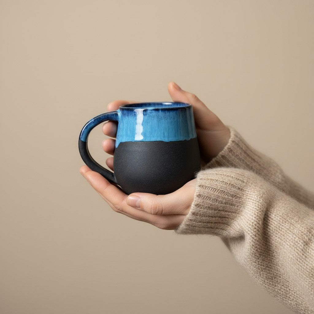 Eternal Pottery midnight round mug with glossy blue glaze fading to matte black with handle, held in hands.