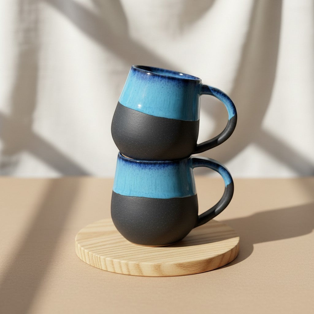 Two stacked midnight round mugs with glossy blue glaze fading to matte black resting on a wooden coaster.