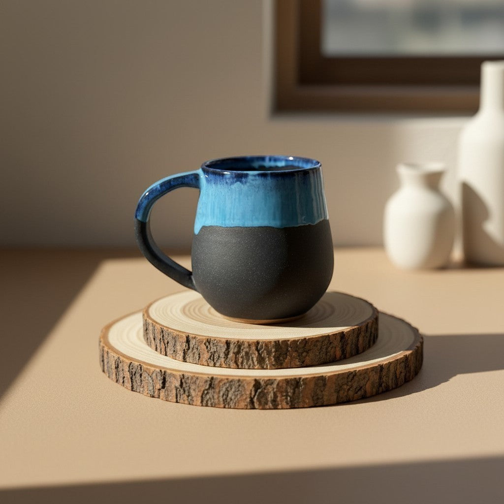 Eternal Pottery midnight round mug with glossy blue glaze fading to matte black resting on double-layered wooden coaster.