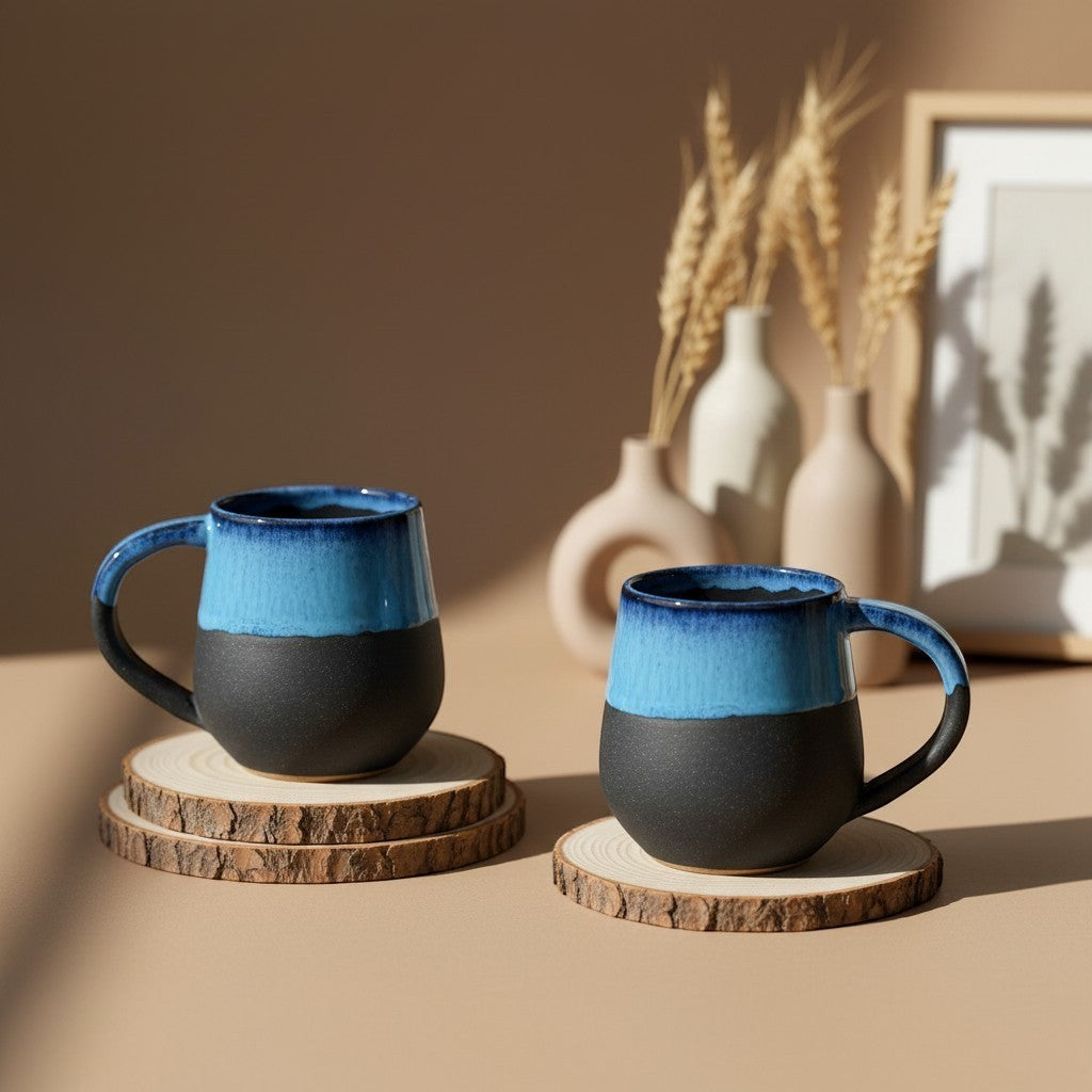 Two midnight round mugs with glossy blue glaze fading to matte black resting on wooden coasters.