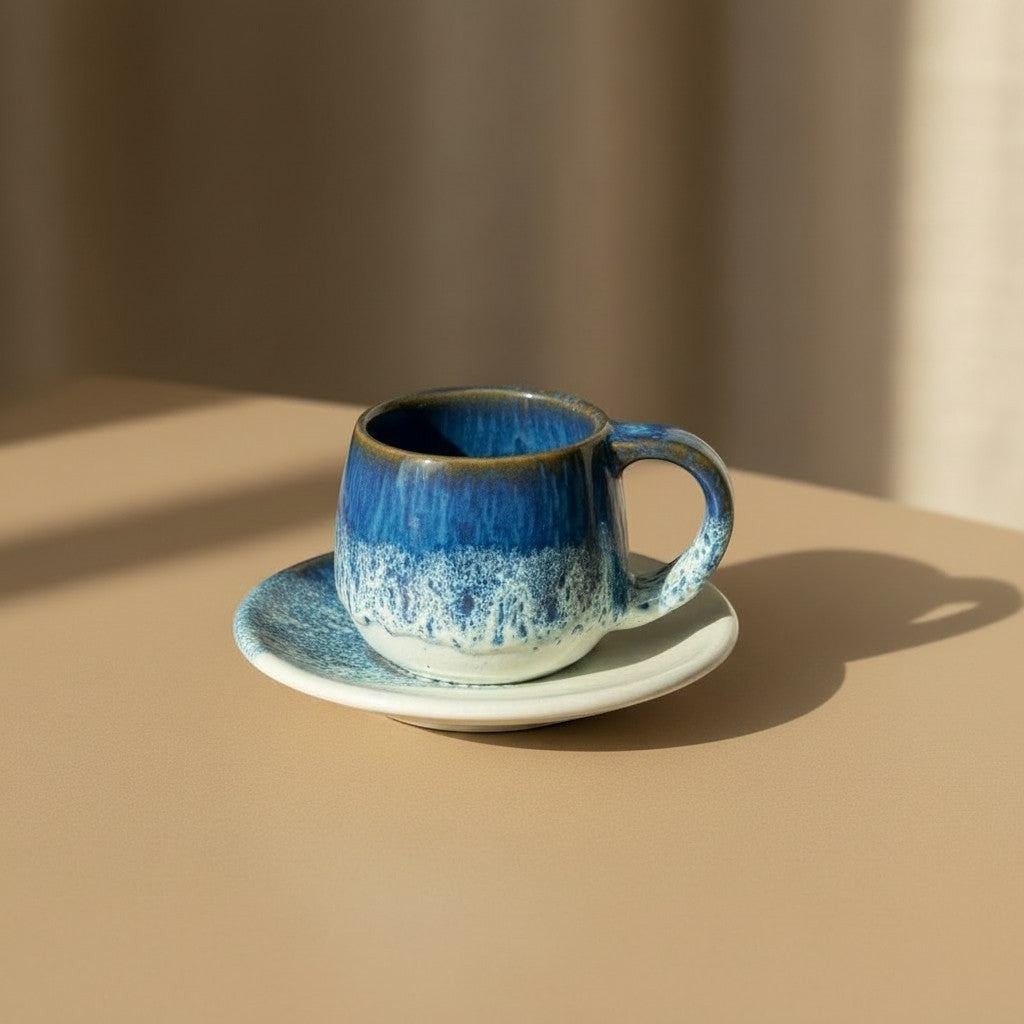 Eternal Pottery artisan ceramic espresso cup and saucer set with reactive blue and white glaze.