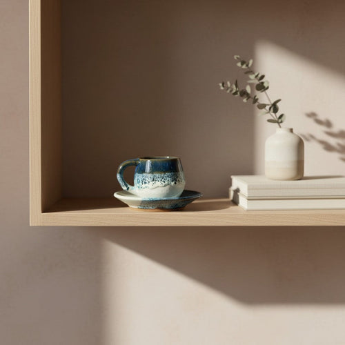 Eternal Pottery artisan ceramic espresso cup and saucer set with blue and white reactive glaze, perfect for coffee lovers.