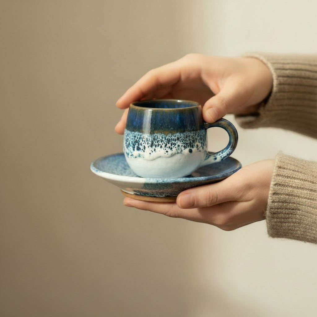 Eternal Pottery artisan ceramic espresso cup and saucer set with reactive glaze in blue and white gradient, held by hands.