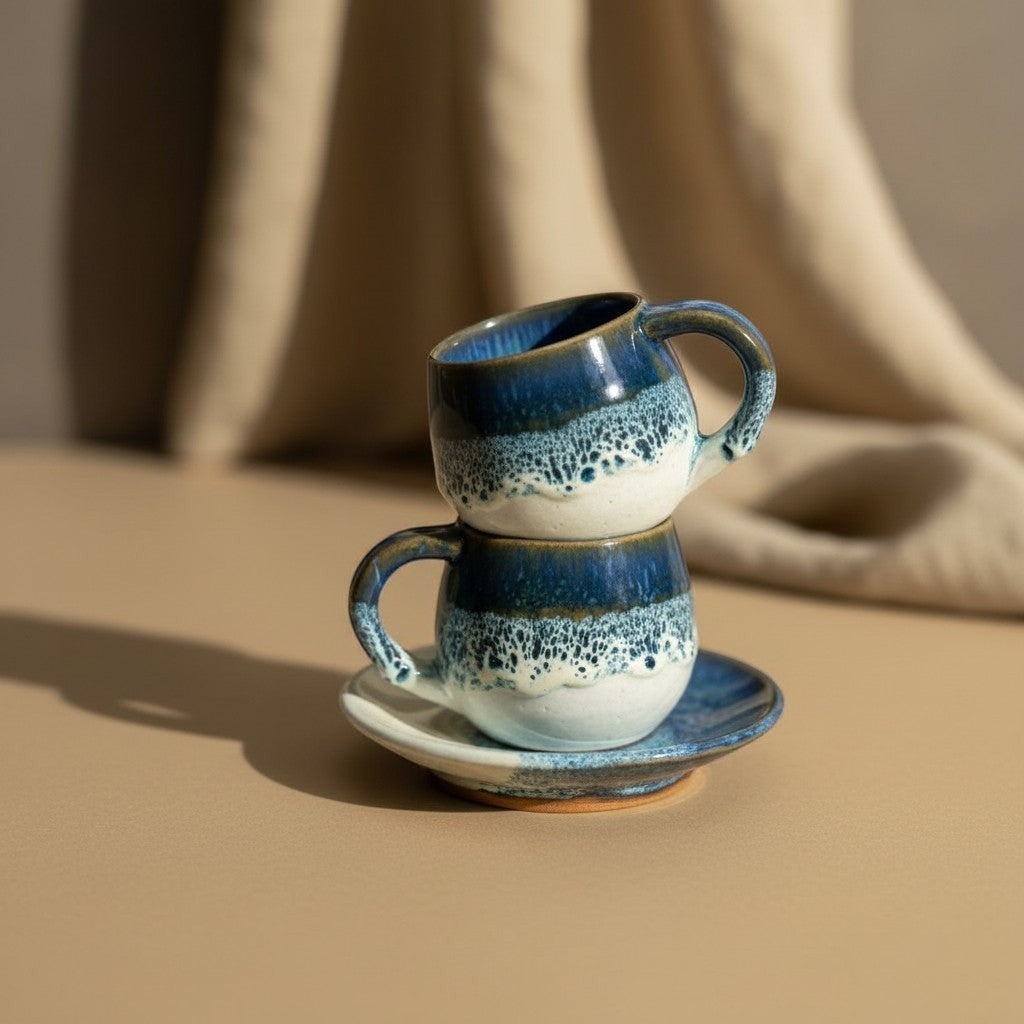 Eternal Pottery artisan ceramic espresso cup and saucer set with blue and white reactive glaze, stacked.