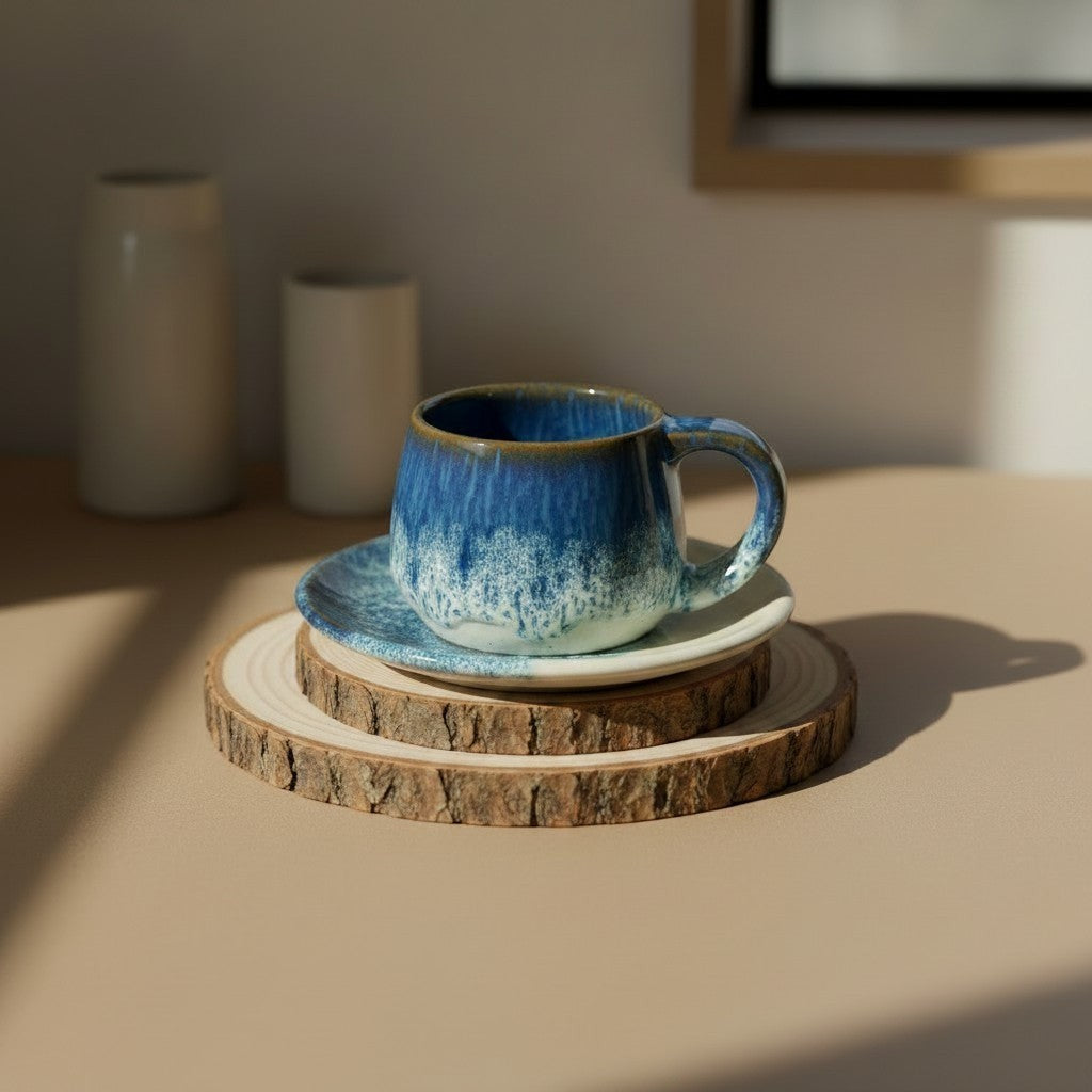 Eternal Pottery artisan ceramic espresso cup and saucer set with blue reactive glaze, transitioning from deep blue to white.