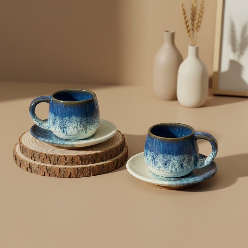 Eternal Pottery artisan ceramic espresso cup and saucer set with blue and white reactive glaze. Compact size, comfortable handle.