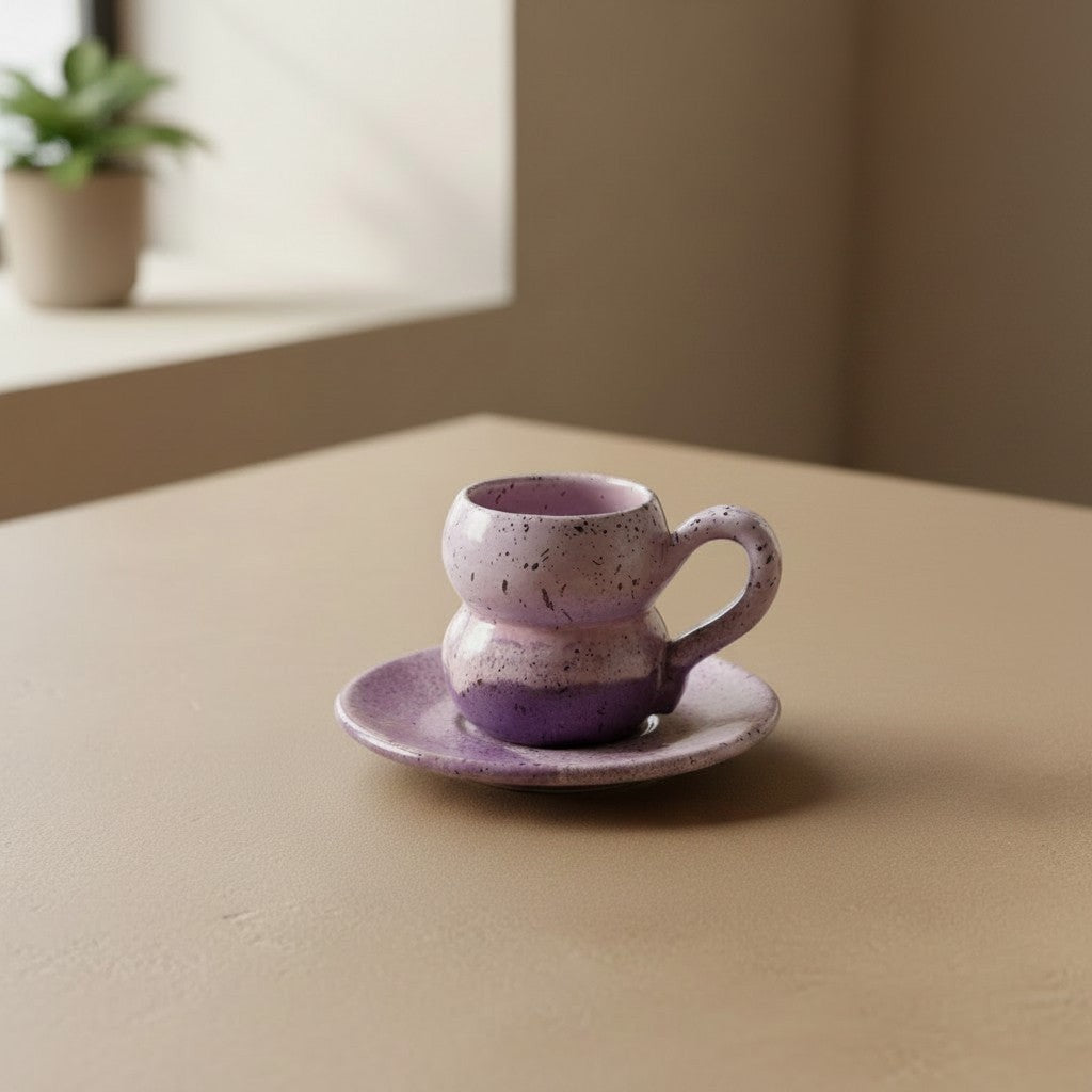 Eternal Pottery handmade ceramic espresso cup and saucer set in pink and violet with speckled glaze and bulbous design.