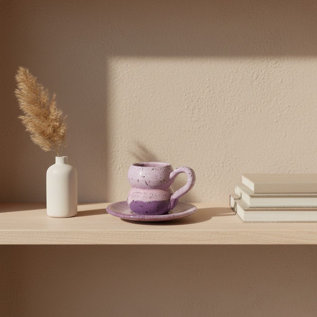 Eternal Pottery handmade ceramic espresso cup and saucer set in pink and violet speckled glaze with bulbous design.