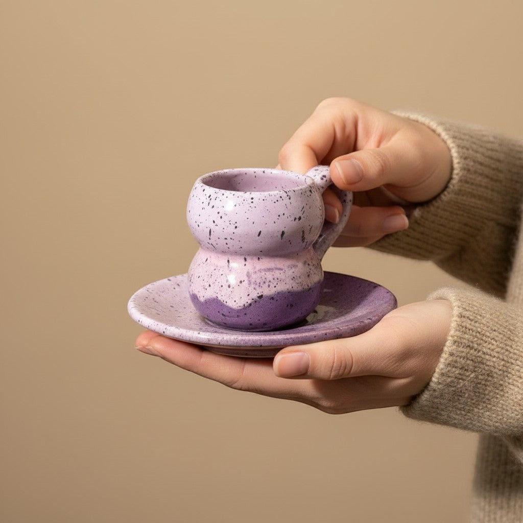 Eternal Pottery handmade ceramic espresso cup and saucer set in pink and violet with speckled glaze. Bulbous design.