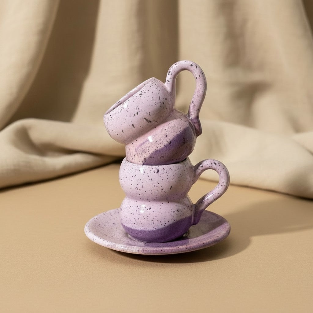 Eternal Pottery handmade ceramic espresso cup and saucer set in pink and violet with speckled glaze and bulbous design.