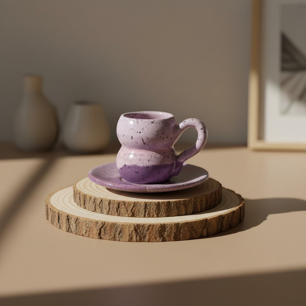 Eternal Pottery handmade ceramic espresso cup and saucer set in pink and violet with speckled glaze.