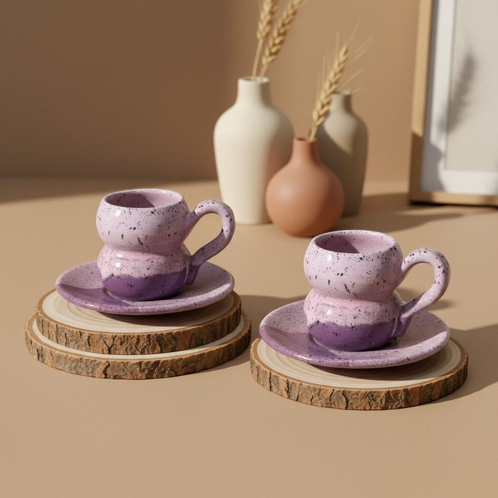 Eternal Pottery handmade ceramic espresso cup and saucer set in pink and violet speckled glaze. Bulbous design, perfect for coffee lovers.