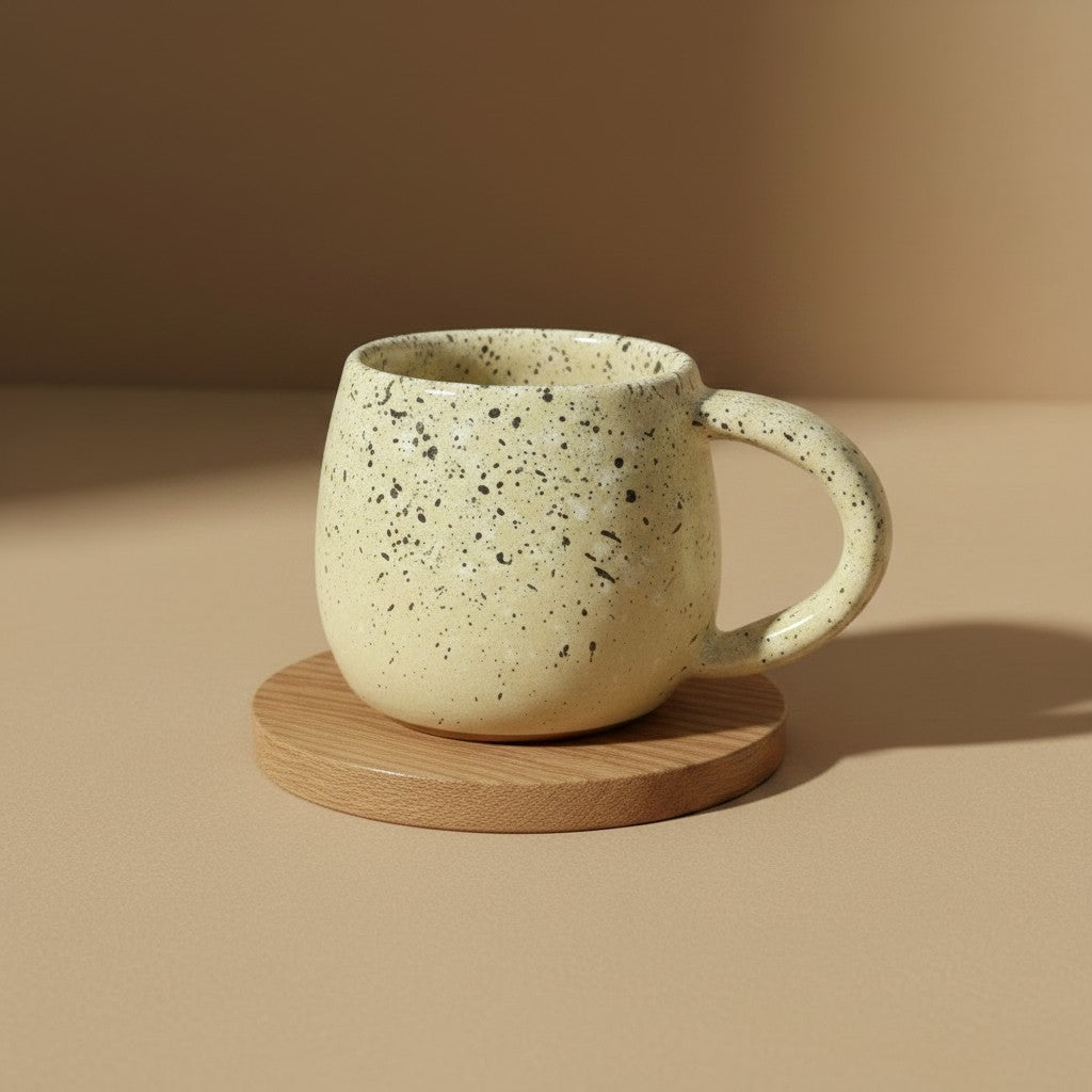 Eternal Pottery speckled cream ceramic mug with rounded handle, perfect for coffee or tea.