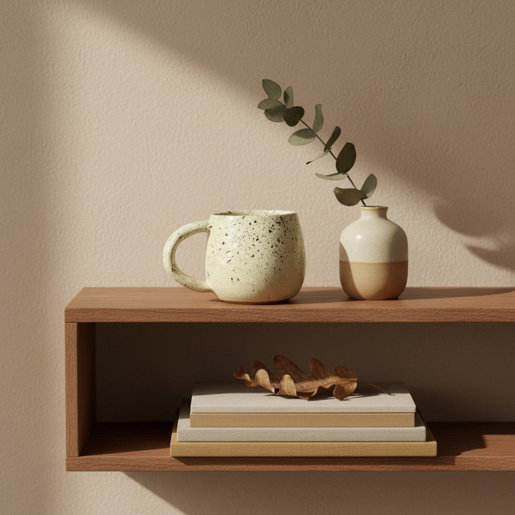 Eternal Pottery speckled cream ceramic mug with a rounded handle, perfect for coffee or tea.