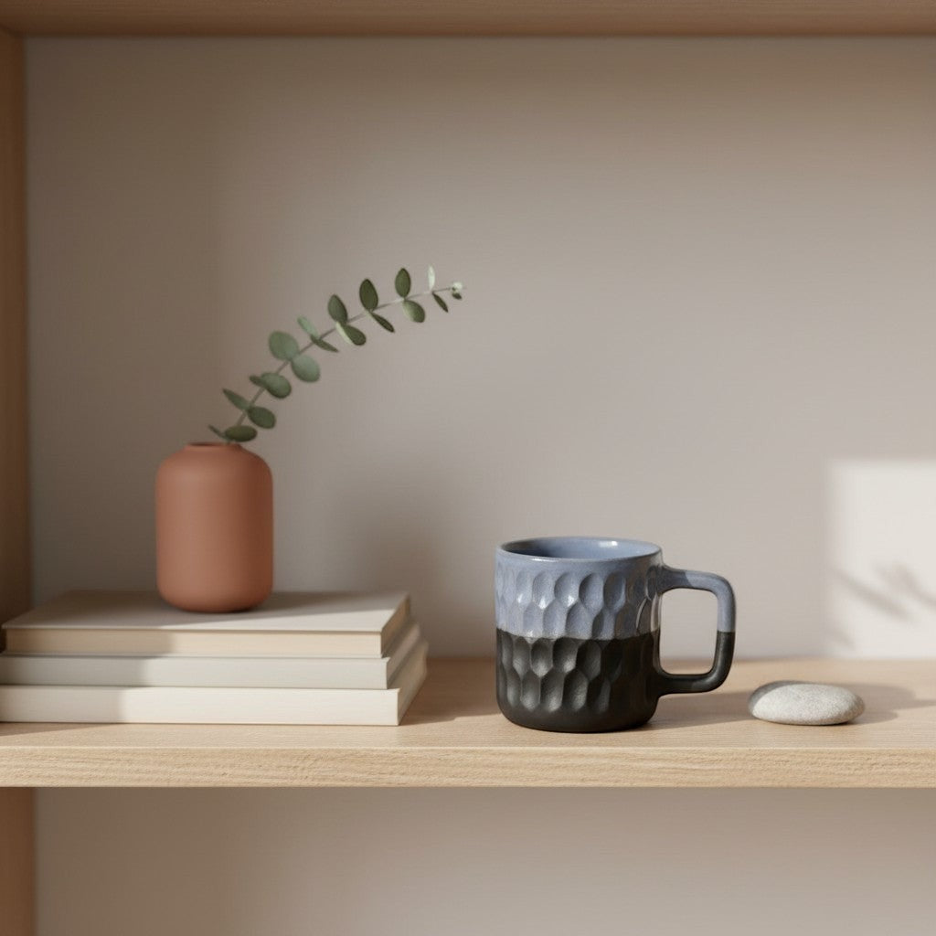 Eternal Pottery two-tone blue and charcoal ceramic mug with geometric texture and comfortable handle.