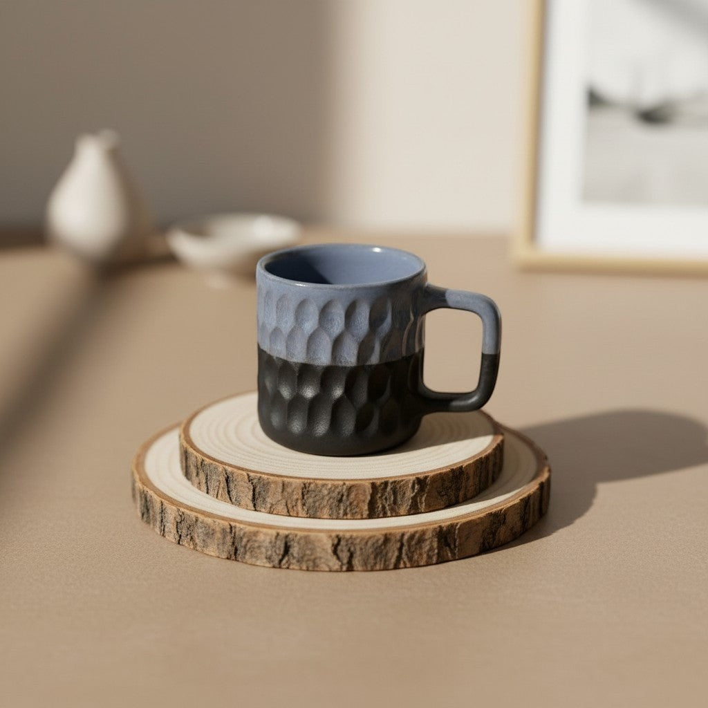 Eternal Pottery two-tone blue and charcoal ceramic mug with geometric texture and comfortable handle.