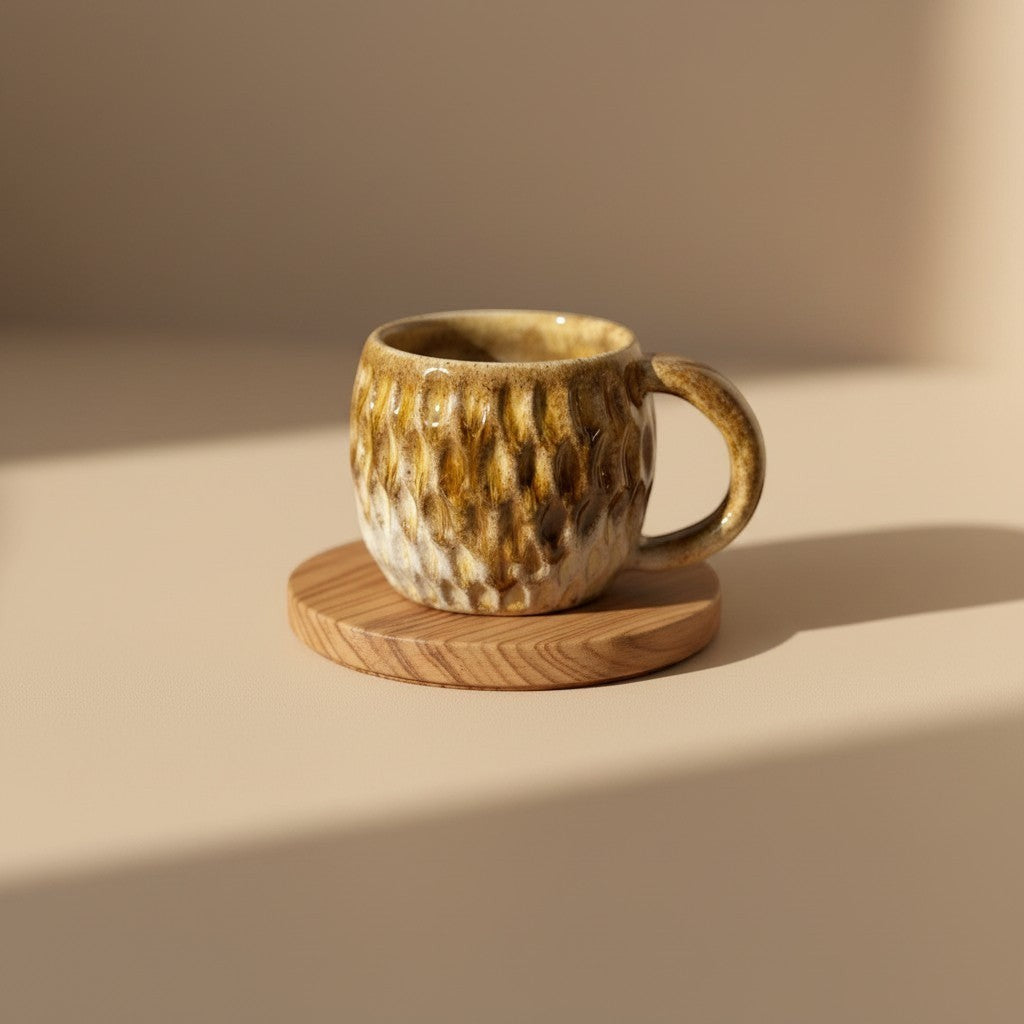 Eternal Pottery textured caramel fish scale mug with handle on a wooden coaster.