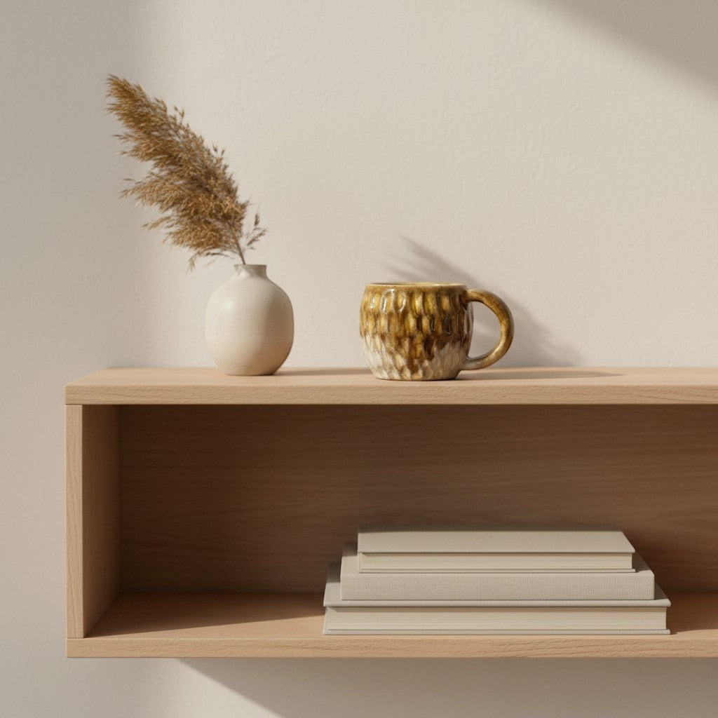 Eternal Pottery textured caramel fish scale mug with handle on a wooden shelf.