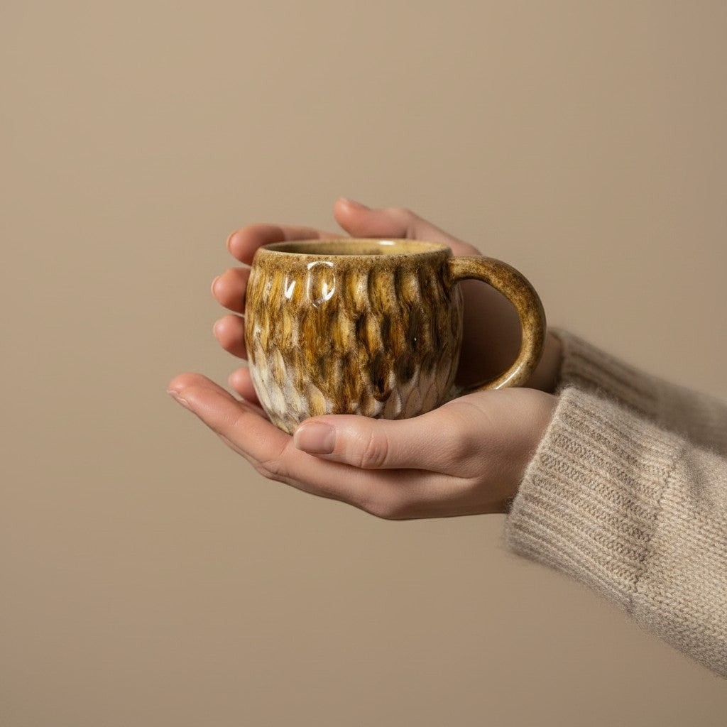Eternal Pottery textured caramel fish scale mug with handle, held in hands.