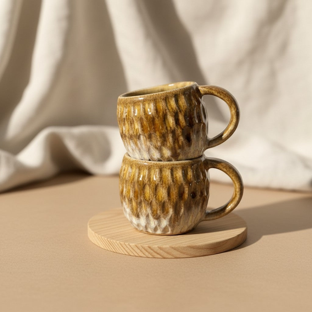 Two stacked textured caramel fish scale mugs with handles, resting on a wooden coaster. Eternal Pottery.