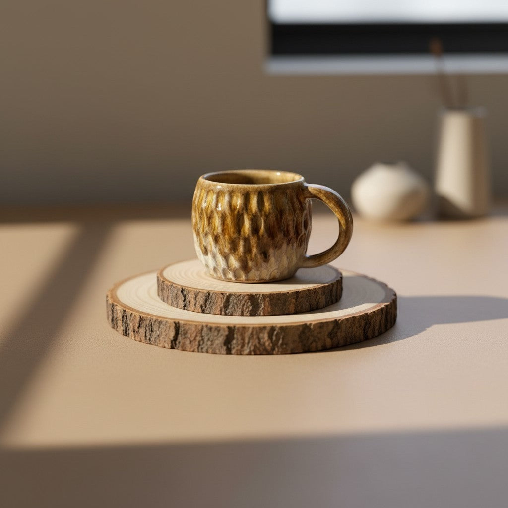Eternal Pottery textured caramel fish scale mug with handle, rustic glaze, perfect for coffee or tea resting on double-layered wooden coaster.