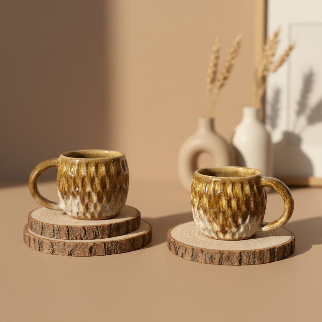 Two textured caramel fish scale mugs with handles resting on wooden coasters, rustic design. Eternal Pottery.