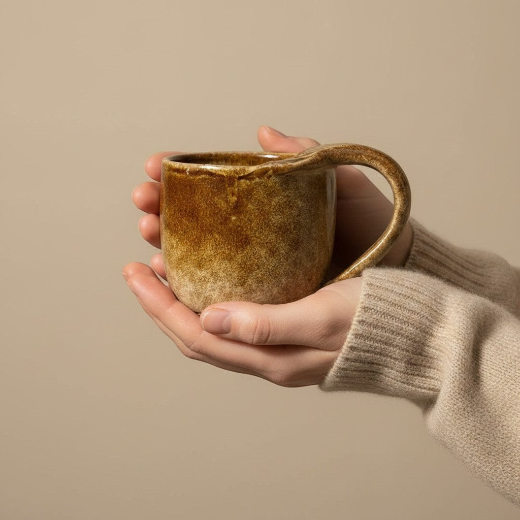 Eternal Pottery textured caramel mermaid mug with handle, held in hands.