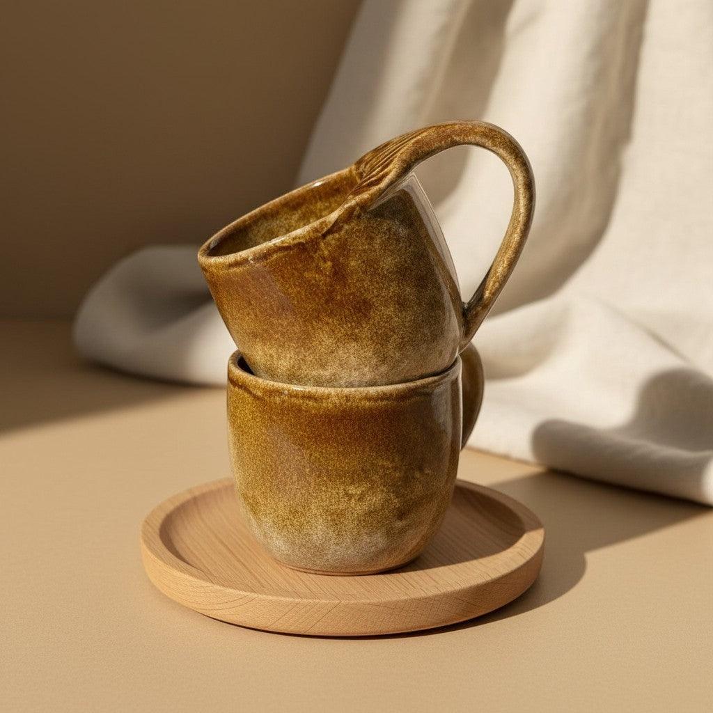 Two stacked textured caramel mermaid mugs with handles, resting on a wooden coaster. Eternal Pottery.