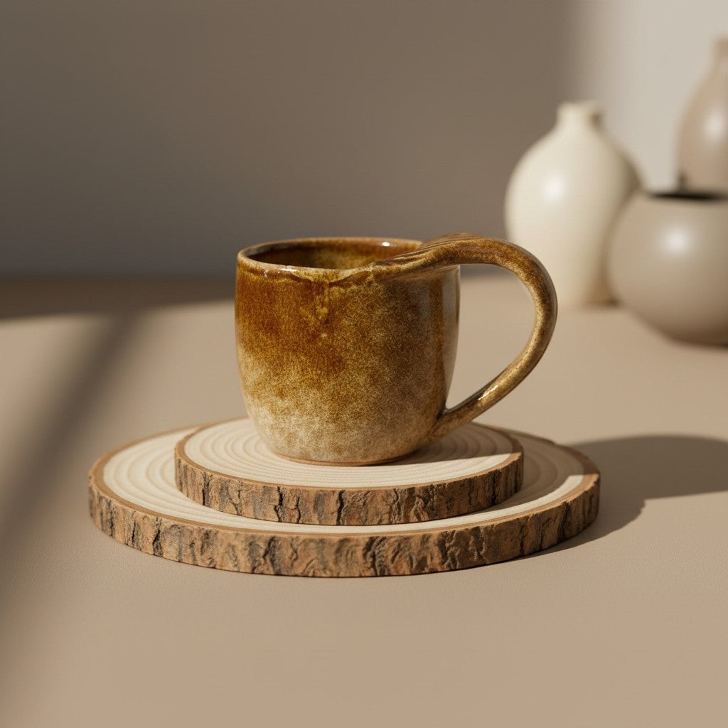 Eternal Pottery textured caramel mermaid mug with handle, rustic glaze, perfect for coffee or tea resting on double-layered wooden coaster.