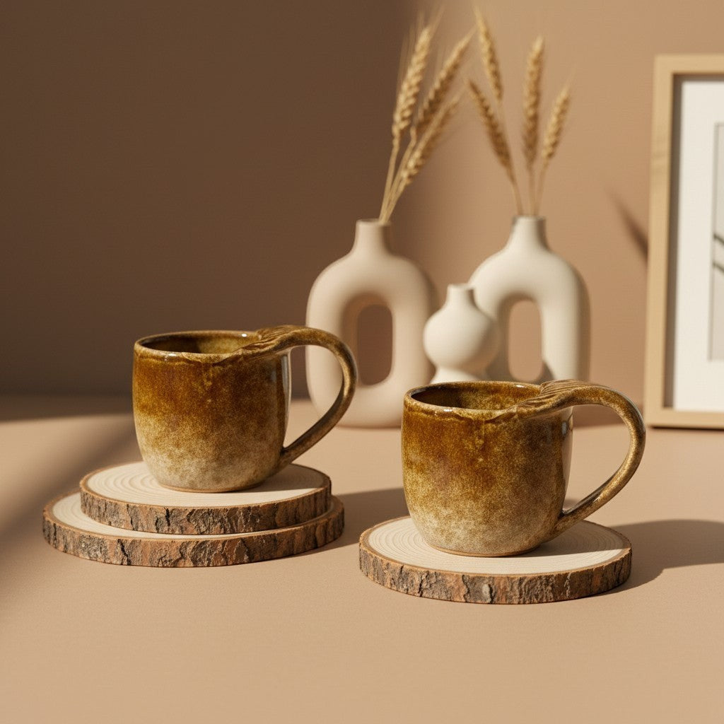 Two textured caramel mermaid mugs with handles resting on wooden coasters, rustic design. Eternal Pottery.