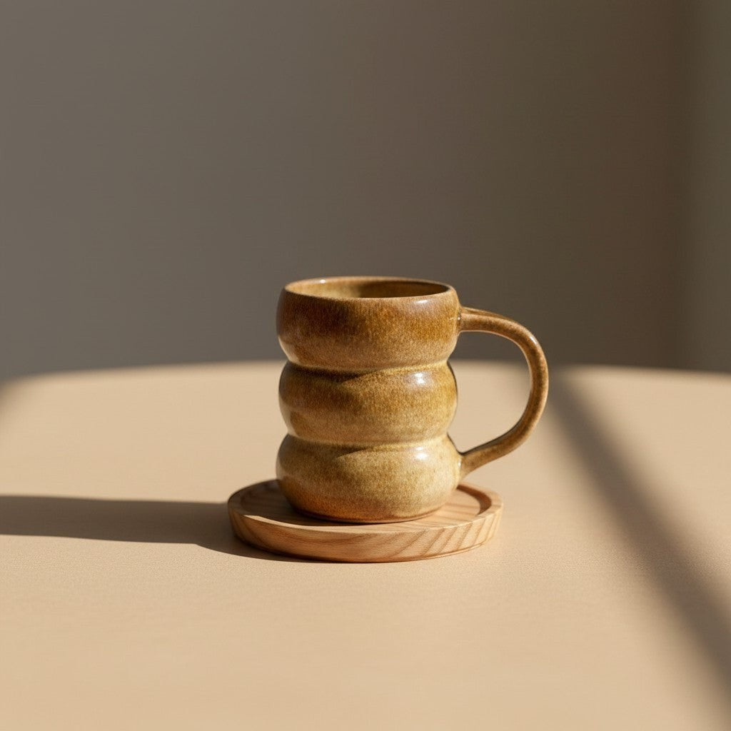 Eternal Pottery textured caramel triple bubble mug with handle on a wooden coaster.
