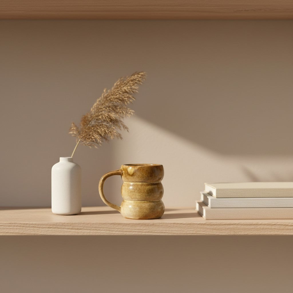 Eternal Pottery textured caramel triple bubble mug with handle on a wooden shelf.