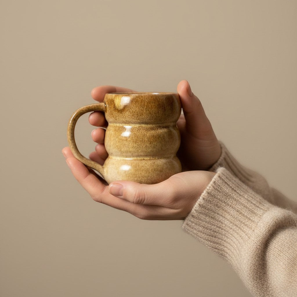 Eternal Pottery textured caramel triple bubble mug with handle, held in hands.