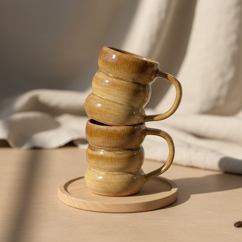 Two stacked textured caramel triple bubble mugs with handles, resting on a wooden coaster. Eternal Pottery.