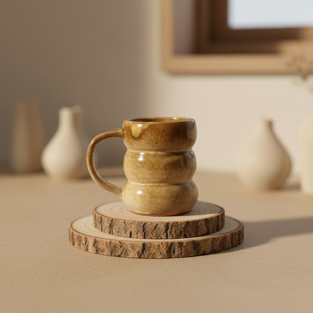 Eternal Pottery textured caramel triple bubble mug with handle, rustic glaze, perfect for coffee or tea resting on double-layered wooden coaster.