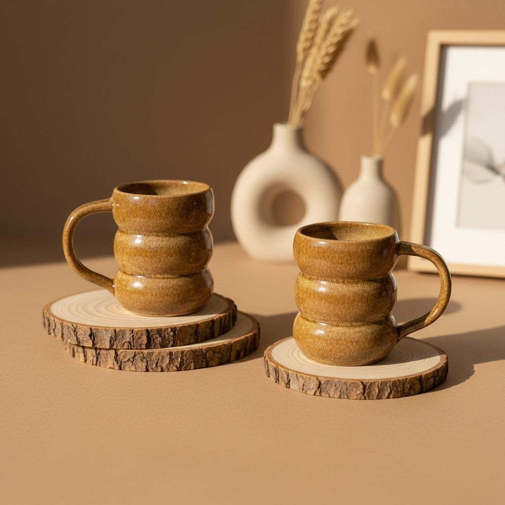 Two textured caramel triple bubble mugs with handles resting on wooden coasters, rustic design. Eternal Pottery.
