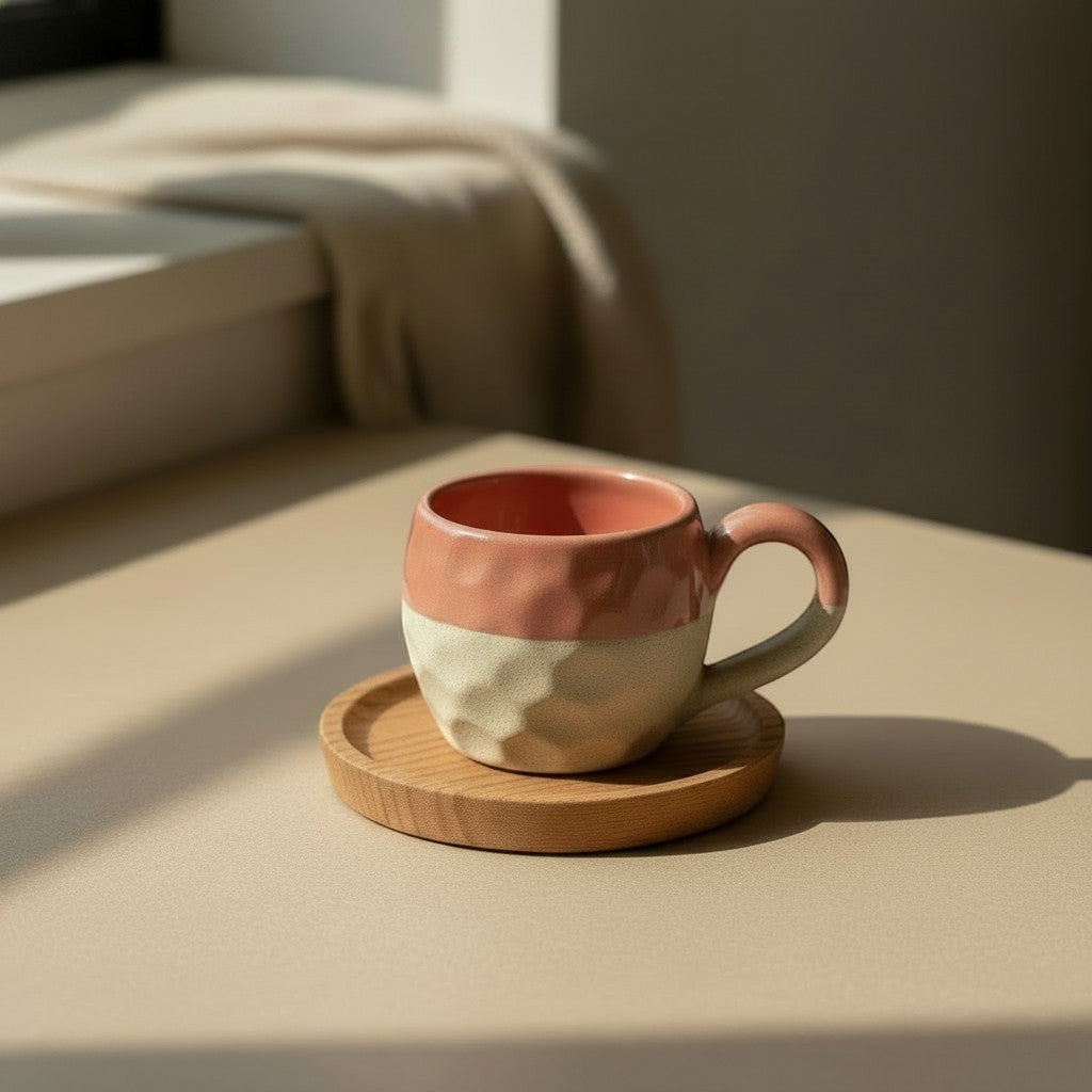 Eternal Pottery two-tone ceramic mug in coral and beige with textured finish and handle, shown on a wooden saucer.